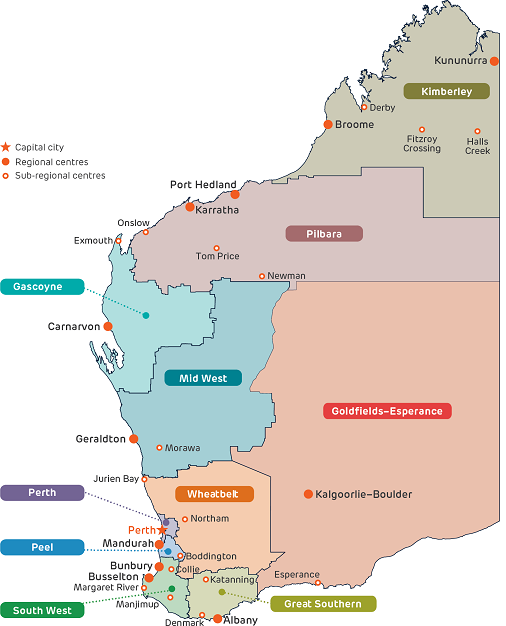 Map of Western Australia showing Perth and surrounding service regions